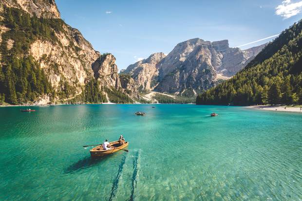 Rowboats on a glacial lake, Dolomites, Italy